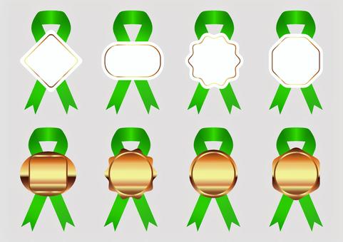 交差リボン付きのラベルとメダルのセット緑 リボン,ラベル,メダル,シール,飾り,帯,ラッピング,賞,アワード,印のイラスト素材