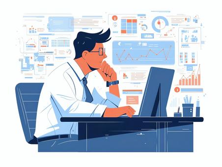 Businessman analyzing data on a computer, ein geschäftsmann, personal computer, schreibtisch, JPG