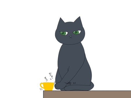 いたずら ねこ,黒猫,テーブル,マグカップ,黄色,落ちそう,落とす,いたずらのイラスト素材