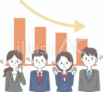 低下する棒グラフと教師と生徒たち