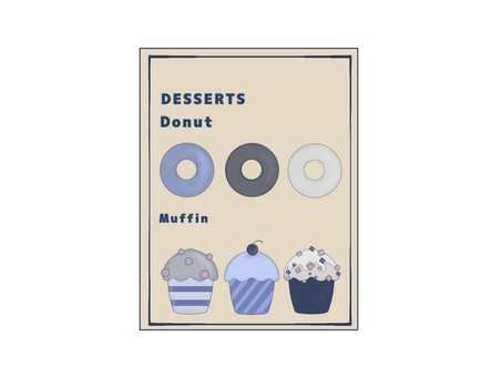 メニュー(デザート)ベージュ カフェ,メニュー,ドーナツ,デザート,マフィン,チェリー,ランチ,スイーツ,コーヒーショップ,テイクアウトのイラスト素材