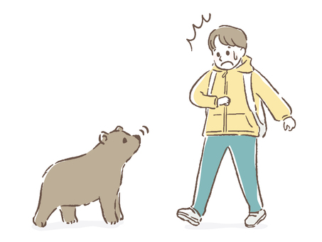 クマに遭遇 熊,遭遇,子熊,対策,線画,手書き,人物,会う,山,人のイラスト素材