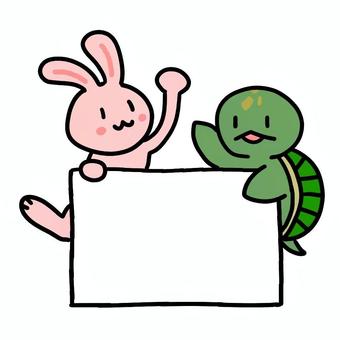 ウサギとカメのお知らせボード うさぎ,亀,掲示,看板,シンプル,お知らせのイラスト素材