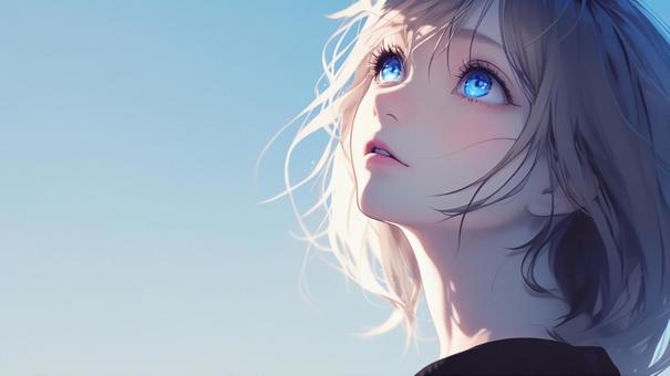 Blue-eyed woman looking upwards 5, , JPG and PNG