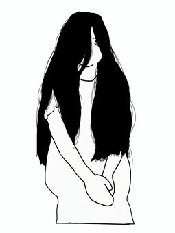 髪がものすごく長い女性 座る,人物,女性,黒髪,長髪,ボサボサ,色白,ワンピース,ホラー,幽霊のイラスト素材