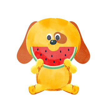 水彩画_スイカを食べる犬_01 犬,動物,手描き,水彩画,水彩,水彩風,水彩画風,夏,スイカ,食べるのイラスト素材