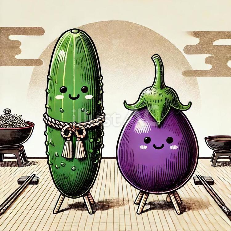 お盆　茄子と胡瓜 お盆,茄子,胡瓜のイラスト素材