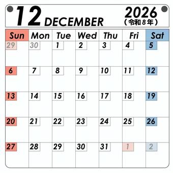 2026年12月　カレンダー 12月,カレンダー,2026年,スケジュール,予定表,シンプル,英語のイラスト素材