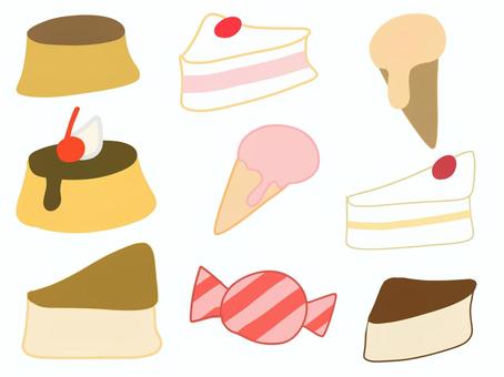 お菓子のイラスト お菓子,食べ物,ケーキ,プリン,アイスクリーム,キャンディー,イラスト,セット,手描き,かわいいのイラスト素材