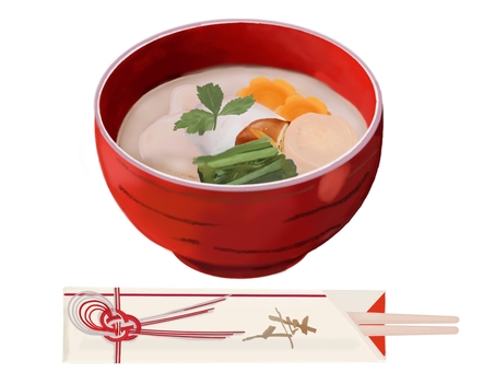 お雑煮26（白みそ）（箸付き） お雑煮,雑煮,白味噌,箸,関西,餅,丸餅,お餅,正月,大根のイラスト素材