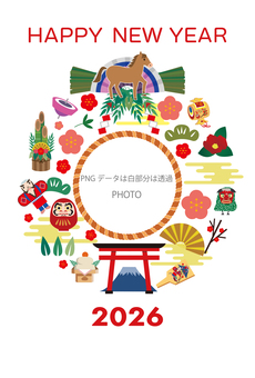 2026年のフォトフレーム年賀状 年賀状,正月,フォトフレーム,年賀,午,年賀はがき,2026年,賀正,午年,令和8年のイラスト素材
