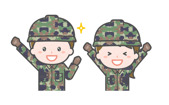 ミニ_2人_自衛隊員の男女03 男性,女性,大人,職業,仕事,自衛隊,軍人,国防,災害,救助のイラスト素材