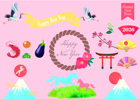 お正月イラストセット　うま 年賀状,お正月,水彩風,2026年,うま,午年,鶴,椿,松,竹のイラスト素材