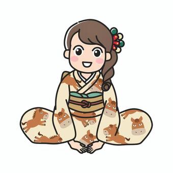 馬柄の着物を着て三つ指ついて挨拶する女性 馬柄,お辞儀,挨拶,いらっしゃいませ,出迎え,ありがとう,正座,大和撫子,午,干支のイラスト素材