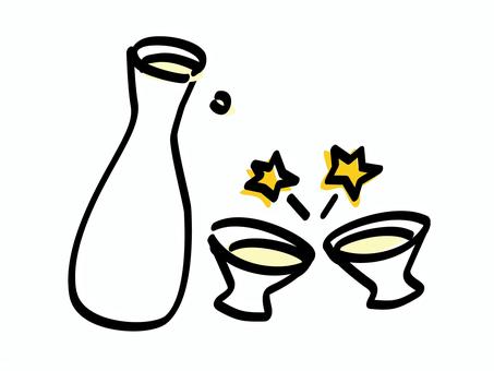 日本酒を徳利お猪口で乾杯_色ズレゆるい絵 日本酒,乾杯,徳利,おちょこ,酒,手書き,手描き,ゆるい,色ずれ,かわいいのイラスト素材