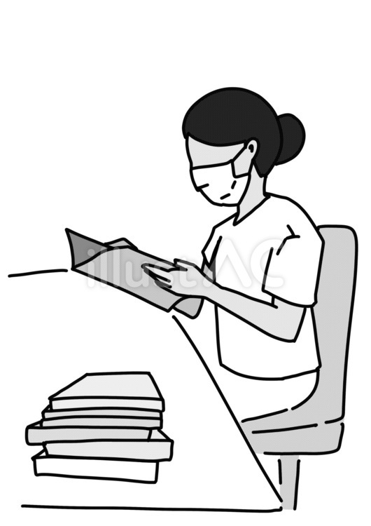 たくさんの本を読む白衣女性　白黒 本,大量,勉強のイラスト素材