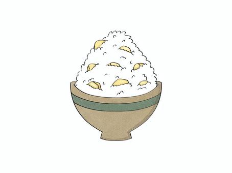 お茶碗いっぱいの栗ごはん　茶色 栗,ご飯,白ご飯,白米,お茶碗,和食,日本食,炊きたて,朝ごはん,昼ごはんのイラスト素材