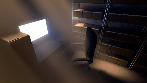 光が差し込むパソコンがある倉庫 倉庫,荷物,倉庫作業,段ボール,仕事,在庫,山積み,室内,物置,保管庫のイラスト素材