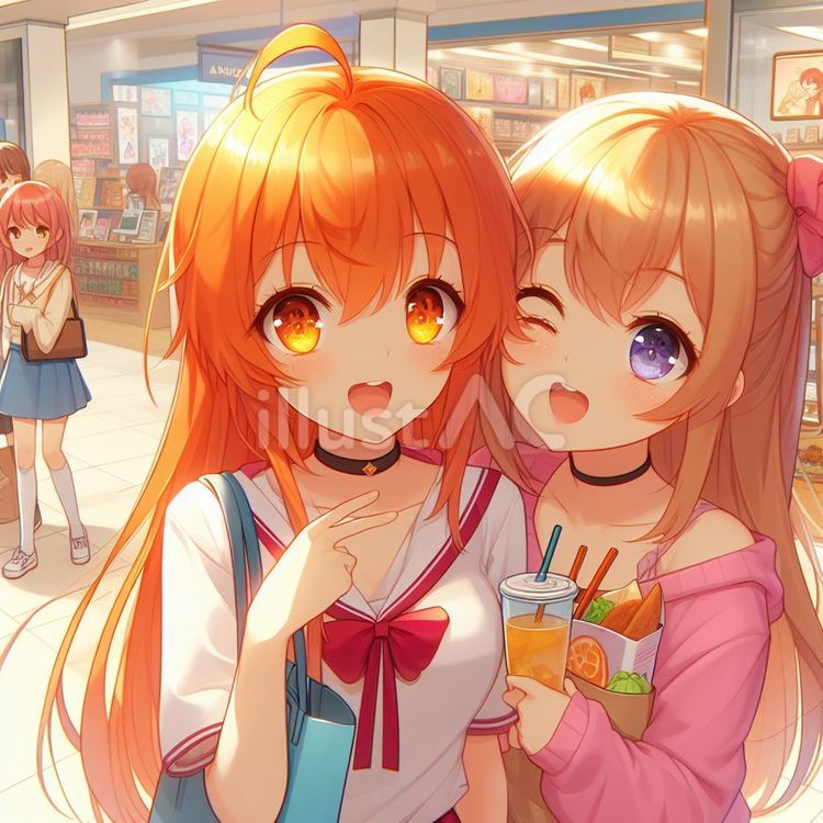 妹とお出かけ 女性,姉妹,ショッピングモールのイラスト素材