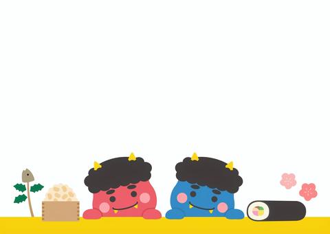 節分の鬼と豆と恵方巻03 節分,鬼,背景,フレーム,豆,恵方巻,節分豆,2月,冬,手描きのイラスト素材