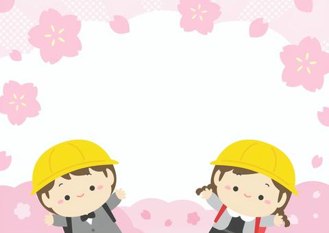 入学式の子どもと桜のイラスト 桜,春,花,入学,入学式,小学生,子ども,人物,男の子,女の子のイラスト素材