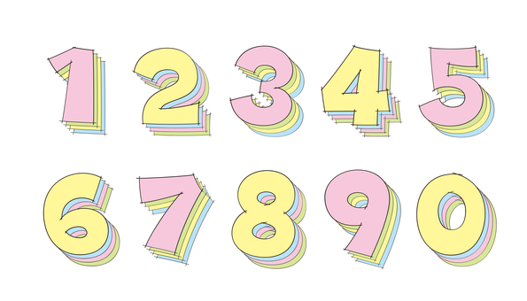 オリジナル数字セットD　多重影 数字,フォント,オリジナル,文字,フチ文字,ポップ,ラフ,落書き風,カラー,影のイラスト素材