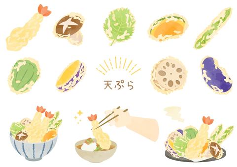 おいしそうな天ぷらのイラストセット 天ぷら,食べ物,セット,かわいい,シンプル,えび天,シイタケ,キノコ,大葉,カボチャのイラスト素材