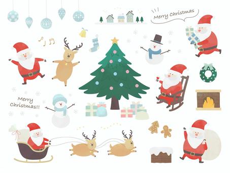 クリスマスのイラストセット003 クリスマス,サンタクロース,トナカイ,クリスマスツリー,雪だるま,そり,プレゼント,えんとつ,家,暖炉のイラスト素材