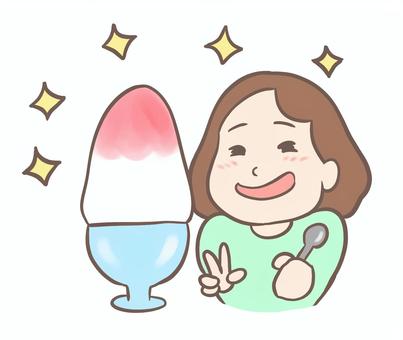 いちごかき氷とピースする笑顔の女性 かき氷,いちご,大きい,シロップ,赤,女性,デカ盛り,デザート,スイーツ,冷たいのイラスト素材