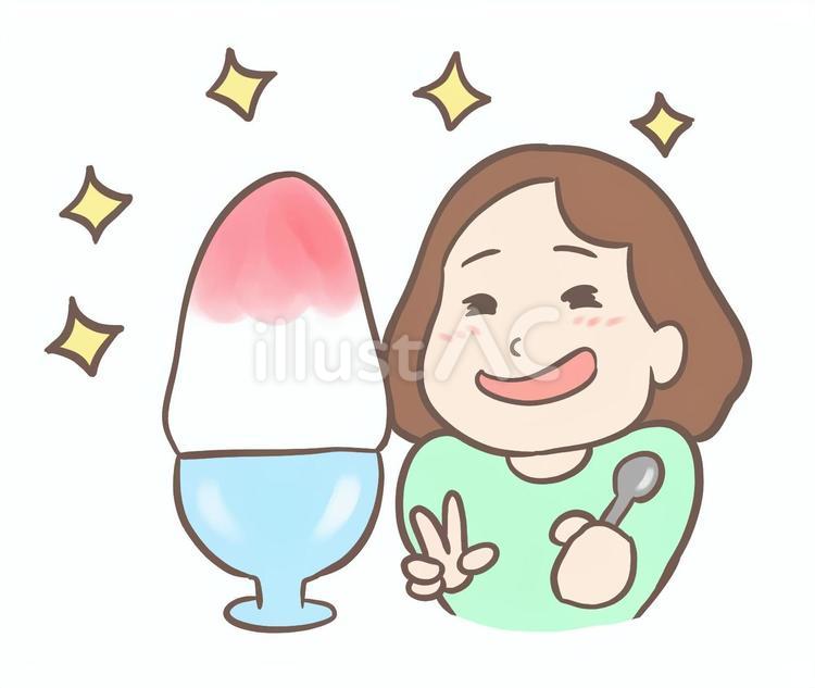 いちごかき氷とピースする笑顔の女性 かき氷,いちご,大きいのイラスト素材