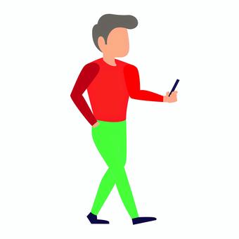 人物 010 男性,スマートフォン,歩く,カジュアル,全身,赤いシャツ,緑のズボン,現代人,横向き,イラストのイラスト素材
