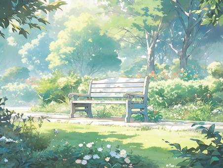 木漏れ日の差す緑豊かな公園のベンチ_背景