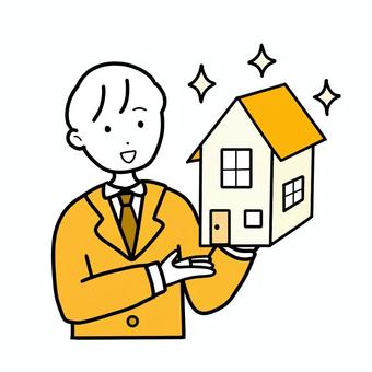 シンプルハウス営業マン（y） シンプル,男,人,スーツ,営業,営業マン,家,住宅,住居,説明のイラスト素材