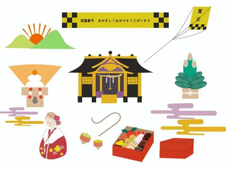 お正月セット お正月,鏡餅,神社,おせち料理,門松,凧あげ,初詣,正月のイラスト素材