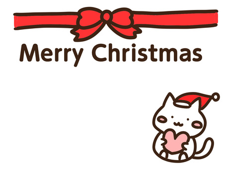 ハートを持つねこ(クリスマスカード) merry,クリスマス,ハート,サンタクロース,サンタ帽子,ねこ,リボン,赤,冬,挨拶のイラスト素材
