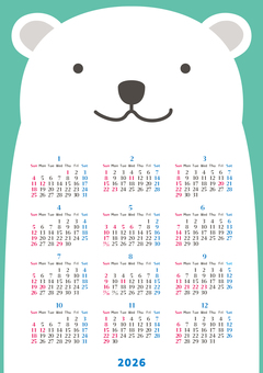 2026年年間カレンダー　シロクマ カレンダー,年間,シロクマ,ホッキョクグマ,１月,２月,３月,４月,５月,６月のイラスト素材