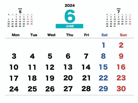 2024年6月のシンプルカレンダー 6月,2024年,六月,カレンダー,令和6年,卓上,予定,月曜はじまり,スケジュール帳,暦のイラスト素材