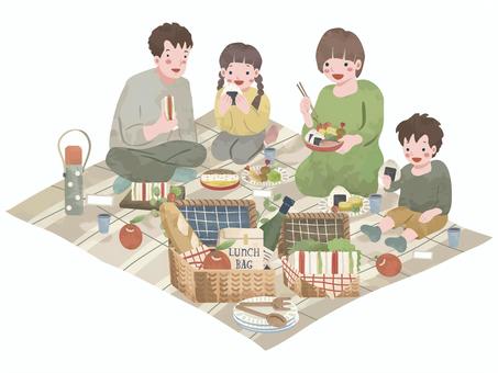 ピクニックを楽しむ家族 ピクニック,お弁当,家族,ファミリー,食事,ランチタイム,レジャーシート,父親,母親,子どものイラスト素材