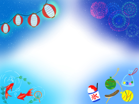 楽しい夏祭り 夏祭り,花火,フレーム,金魚,夜空,ちょうちん,灯り,ヨーヨー,スーパーボール,チョコバナナのイラスト素材