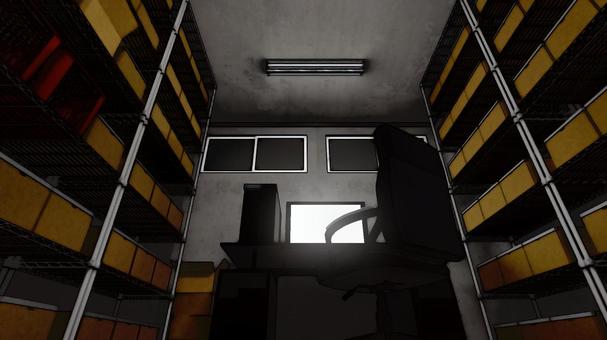 パソコンがある夜の倉庫 倉庫,荷物,倉庫作業,段ボール,仕事,在庫,山積み,室内,物置,保管庫のイラスト素材