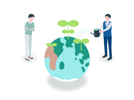環境活動をする人物と地球 地球,エコ,サステナビリティ,保護,地球温暖化,対策,植物,育てる,グリーン,社会のイラスト素材