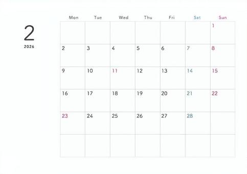 月間カレンダー2026年2月月曜始まり カレンダー,2026,2月,月間,シンプル,月曜始まり,ミニマム,a4,手帳のイラスト素材