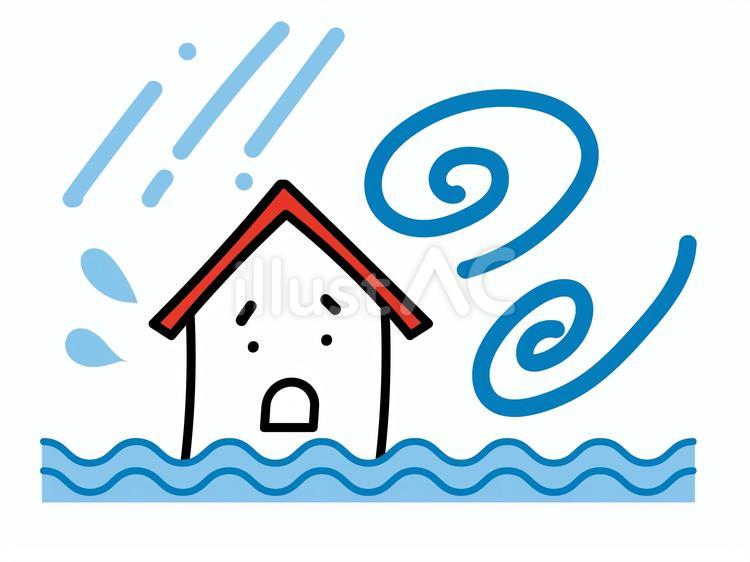 台風・大雨・洪水で困る家のイラスト 台風,洪水,大雨のイラスト素材