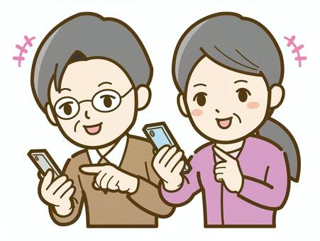 スマホを見て喜ぶシニア夫婦_25 スマホを見て喜ぶシニア夫婦_25 シニア,女性,男性,人物,人,シニア男性,シニア女性,スマホ,スマートフォン,ケータイのイラスト素材