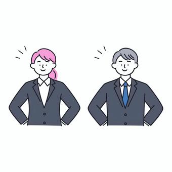 自信を持って胸を張るビジネス男女 人物,ビジネス,就活,男性,女性,スーツ,自信,笑顔,姿勢,社員のイラスト素材