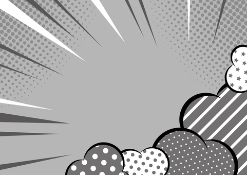 モノトーンのポップな柄の雲と効果線の背景 効果線,集中線,雲,ドット,ライン,ポップ,モノトーン,背景のイラスト素材