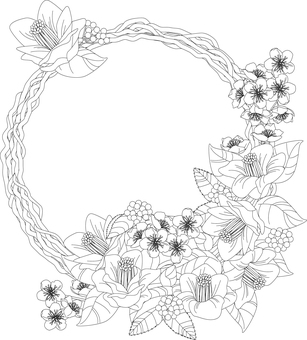 線画の花＜リース・椿＆梅＆千両＞ 椿,ヤブツバキ,ヤマツバキ,千両,万両,梅,シンプル,フラワーアレンジ,丸,円のイラスト素材