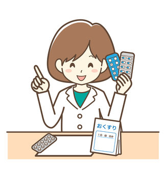 服薬説明をする女性薬剤師 説明,指導,案内,解説,薬,薬袋,笑顔,女性,指さし,医療のイラスト素材