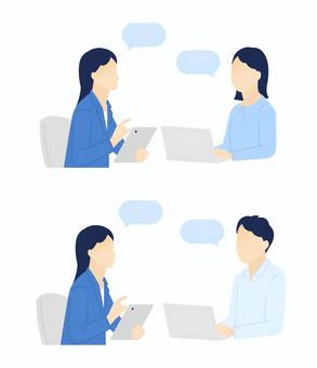 打ち合わせするビジネスパーソンのイラスト ビジネスパーソン,ビジネスマン,ビジネスウーマン,打ち合わせ,ミーティング,面談,ワンオンワン,会話,説明,コミュニケーションのイラスト素材