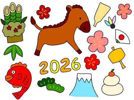 2026年正月セット 2026年,1月,行事,イベント,ハガキ,年賀状,午年,馬,生き物,動物のイラスト素材